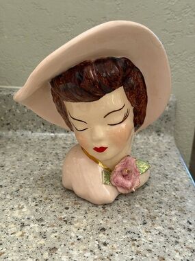Vintage Ceramic Lady Head Vase in Pink